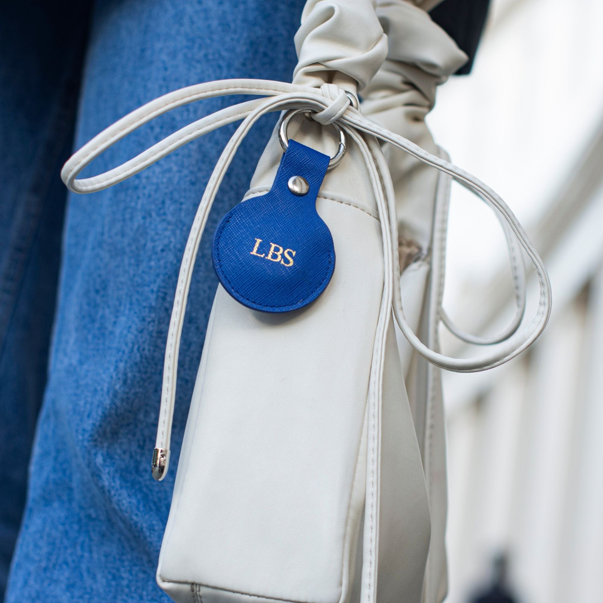 Blue Saffiano Leather Personalized Airtag Keyring